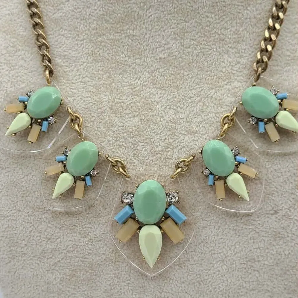 J Crew Clear Lucite with Multi Colored Stones Blue Tan White